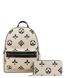 2in1 Pattern Print Design Zipper Backpack Set 3C-8578W BEIGE